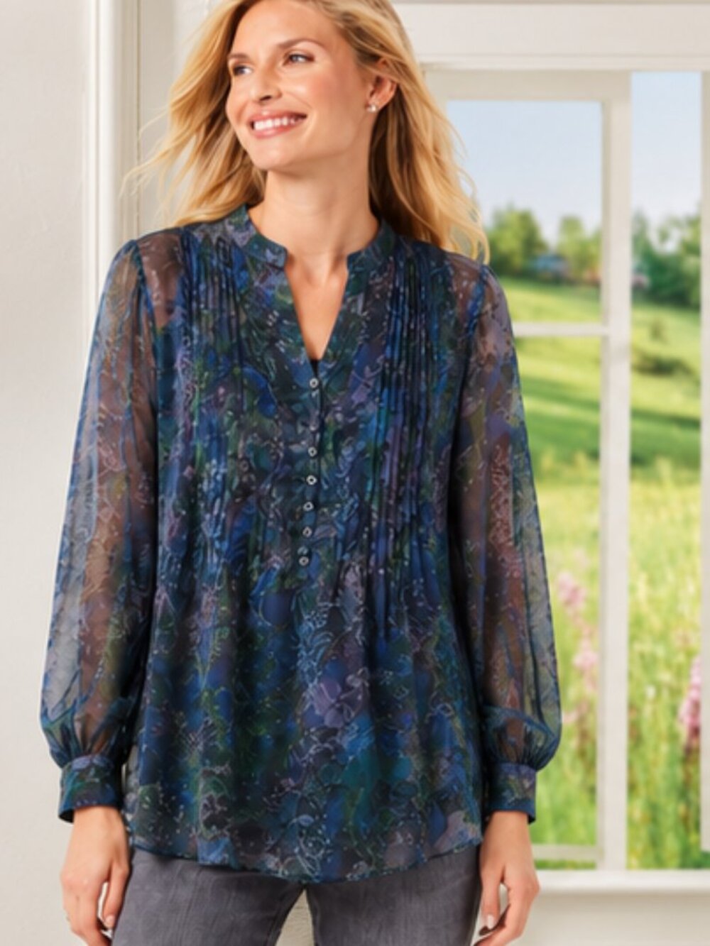 Coldwater Creek Sheer Sleeved Printed Tunic Blouse